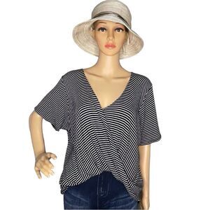 BP Deep V Neck Faux Wrap Draped Short Sleeve Striped Blouse Black White SZ Large